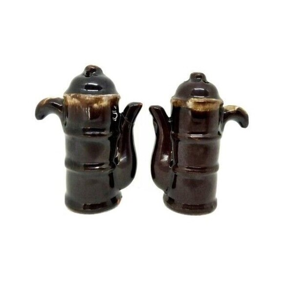Vintage Teapot TWO SALT Shakers Tea Pots Brown Coffee Kettles VTG 2 Mid Century - Picture 1 of 15